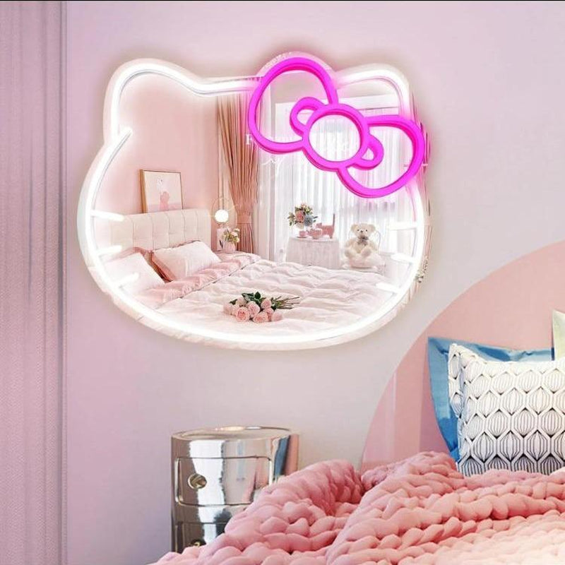 Hello Kit LED Vanity Mirror with Adiustable Briahtness -16"X13" Lighted Makeup Mirror,Touch Sensor & Neon Decor for Teen Girls(Bedroom Gift Idea) Kitty Girls Room Accessories