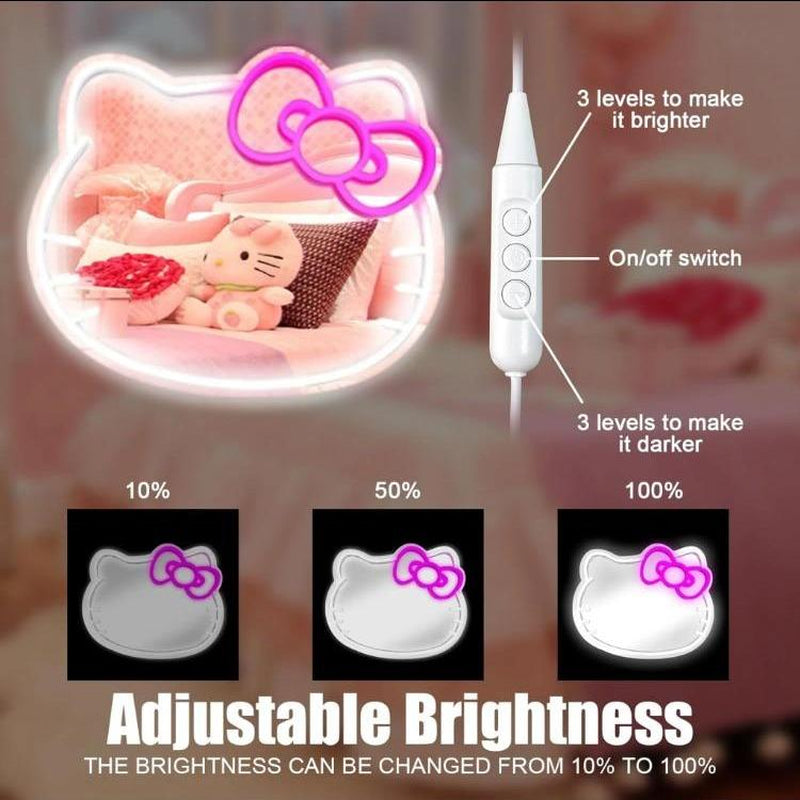 Hello Kit LED Vanity Mirror with Adiustable Briahtness -16"X13" Lighted Makeup Mirror,Touch Sensor & Neon Decor for Teen Girls(Bedroom Gift Idea) Kitty Girls Room Accessories