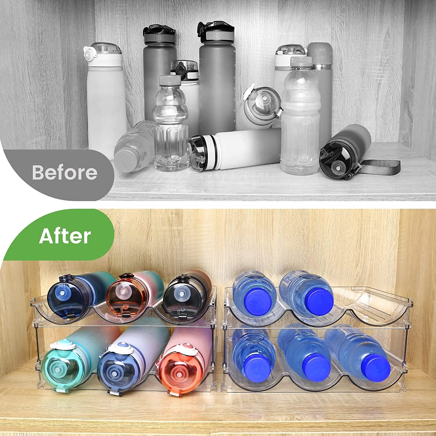 Water Bottle Storage Organizer! Water Bottle Holder for Cabinet, Stackable.