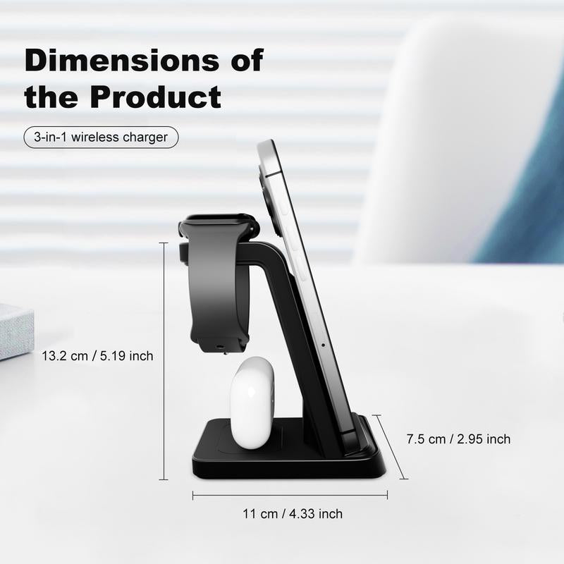Wireless Charger 3-In-1 Charging Stand Multiple Device for Fast Simultaneous Electronic Mobile Wireless Charging Station of Iphone, Airpods, and Iwatch Series, Suitable for Home and Office Usewireless Charging Station Smartphone Cellphone