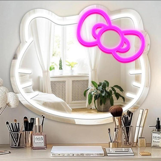 Hello Kit LED Vanity Mirror with Adiustable Briahtness -16"X13" Lighted Makeup Mirror,Touch Sensor & Neon Decor for Teen Girls(Bedroom Gift Idea) Kitty Girls Room Accessories
