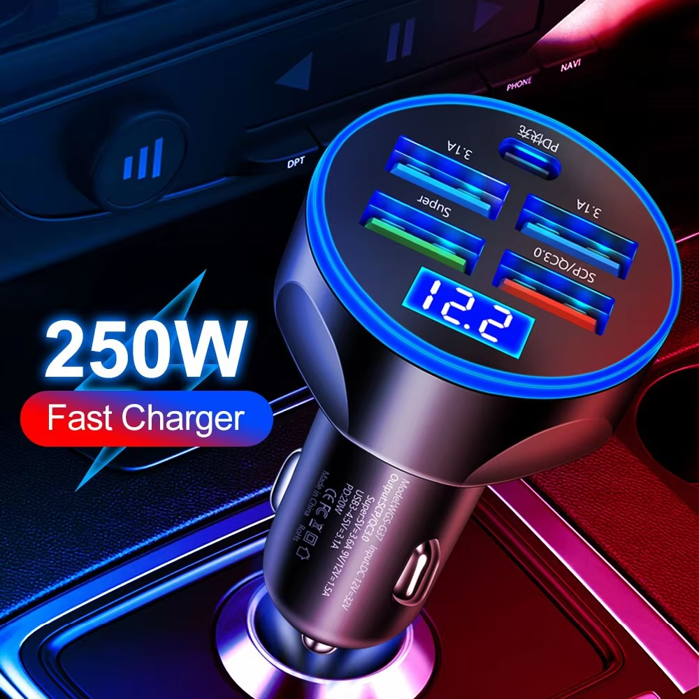 Rev up your ride with the 4USB PD 250W Car Charger! ⚡ Fast charge your iPhone, Samsung, Huawei, and Xiaomi on the go! 🚗💨 #TechOnTheRoad #FastCharging