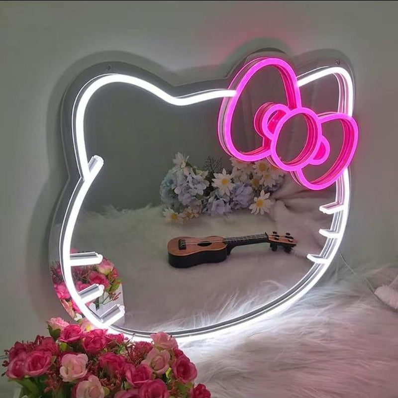 Light Up Your Space with the Adorable Hello Kitty LED Vanity Mirror - Adjustable Brightness & Chic Neon Decor for Teen Girls' Bedrooms!