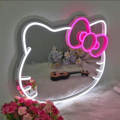 Light Up Your Space with the Adorable Hello Kitty LED Vanity Mirror - Adjustable Brightness & Chic Neon Decor for Teen Girls' Bedrooms!